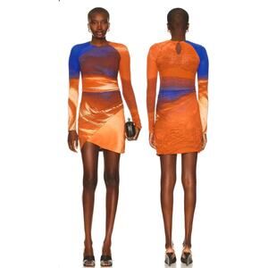 NWT $590 Johnathan Simkhai Brown Abby Long Sleeve Ruched Mini Dress Small